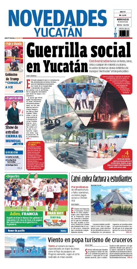 Portada de Novedades Yucatan del miércoles, 15 de julio de 2026