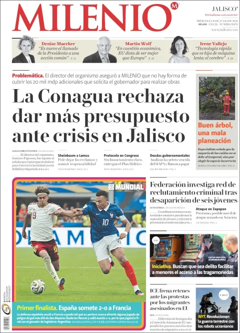 Portada de Milenio Jalisco del miércoles, 15 de julio de 2026