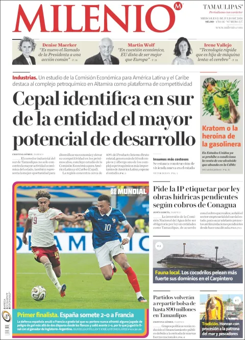 Portada de Milenio Tamaulipas del miércoles, 15 de julio de 2026