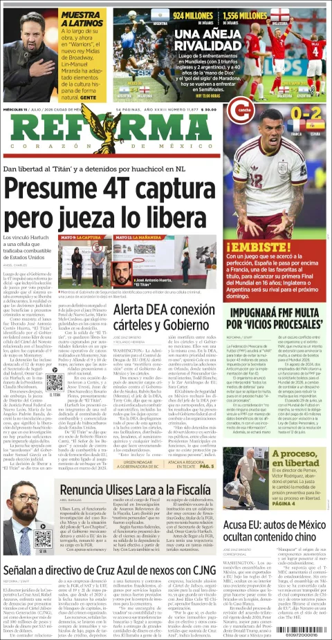 Portada de Reforma del miércoles, 15 de julio de 2026