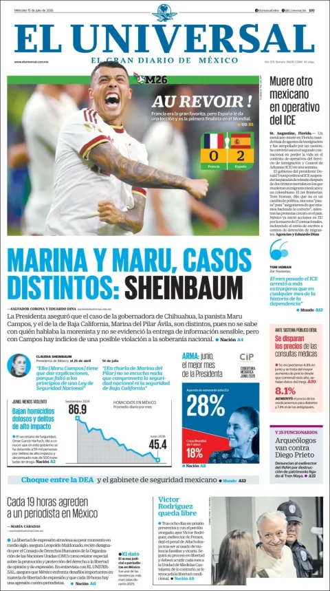 Portada de El Universal del miércoles, 15 de julio de 2026