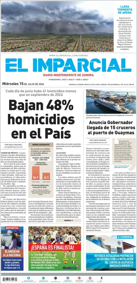 Portada de El Imparcial del miércoles, 15 de julio de 2026