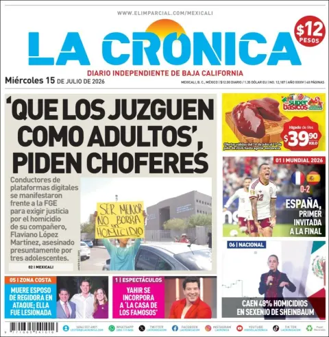 Portada de La Cronica del miércoles, 15 de julio de 2026