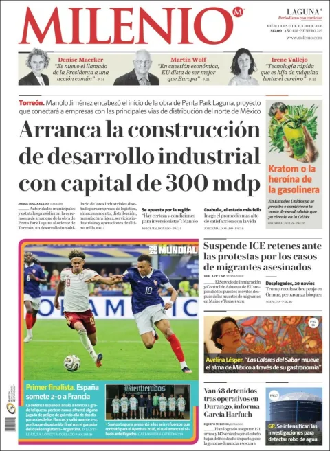 Portada de Milenio Laguna del miércoles, 15 de julio de 2026