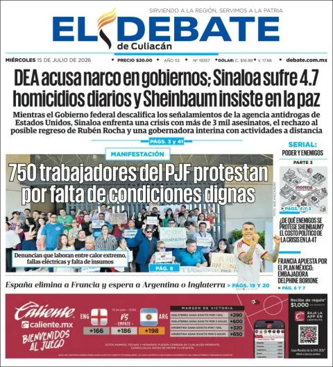 Portada de El Debate de Culiacan del miércoles, 15 de julio de 2026