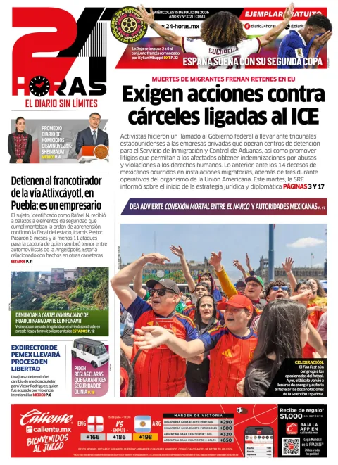 Portada de 24 Horas del miércoles, 15 de julio de 2026