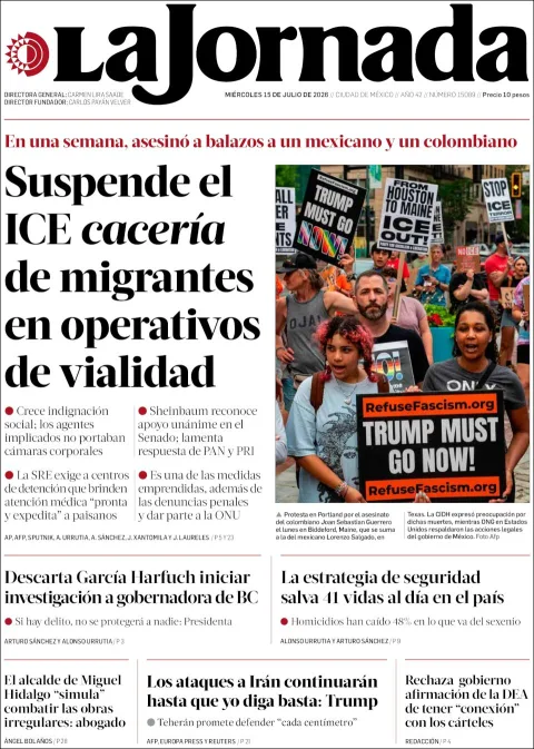 Portada de La Jornada del miércoles, 15 de julio de 2026