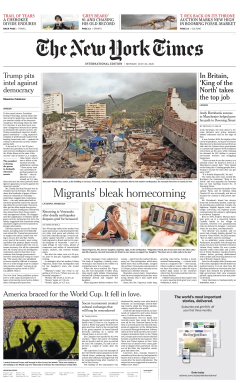 Portada de The New York Times (international) del 2026-07-20