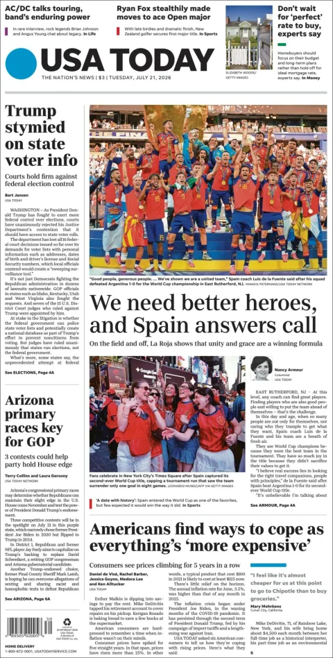 Portada de Usa Today del 2026-07-21