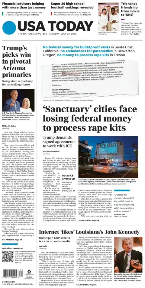 Portada de Usa Today del 2026-07-23