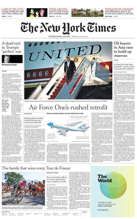 Portada de The New York Times (international) del 2026-07-27