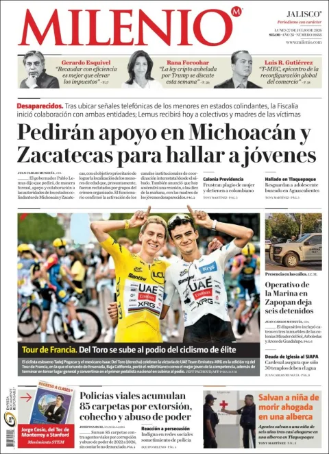 Portada de Milenio Jalisco del 2026-07-27