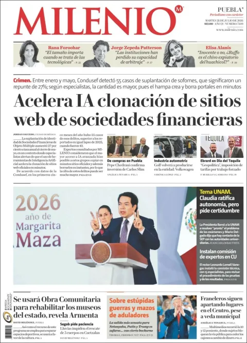 Portada de Milenio Puebla del 2026-07-28