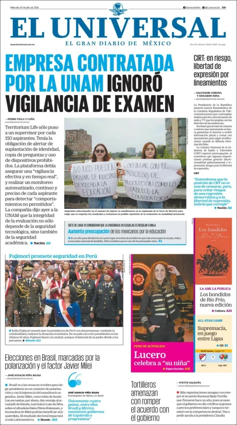 Portada de El Universal del 2026-07-29