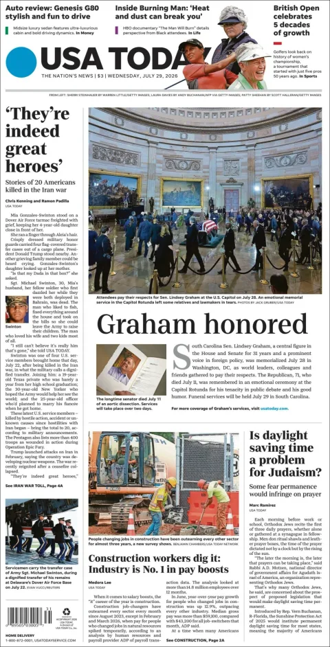 Portada de Usa Today del 2026-07-29