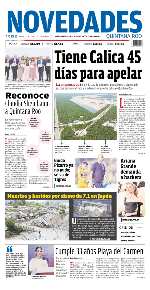 Portada de Novedades Quintana Roo del 2026-07-29