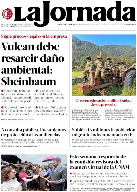 Portada de La Jornada del 2026-07-29
