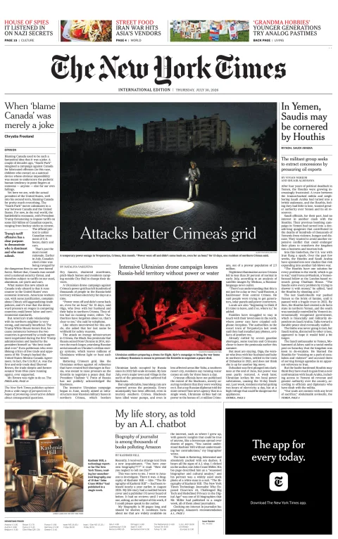 Portada de The New York Times (international) del 2026-07-30