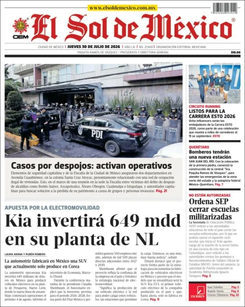 Portada de El Sol de Mexico del 2026-07-30
