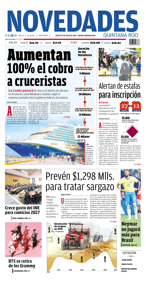 Portada de Novedades Quintana Roo del 2026-07-30