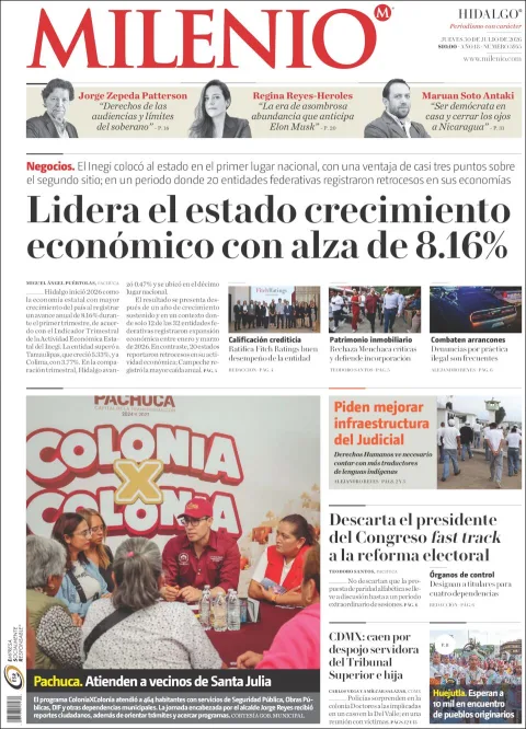 Portada de Milenio Hidalgo del 2026-07-30