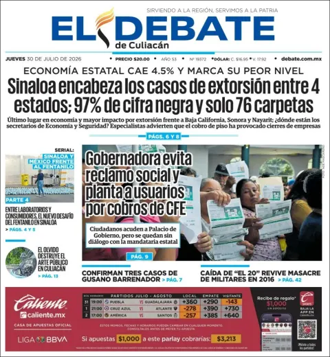 Portada de El Debate de Culiacan del 2026-07-30