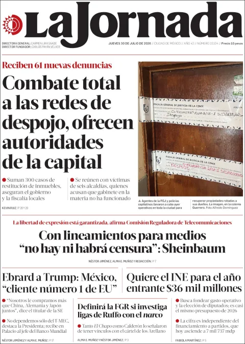Portada de La Jornada del 2026-07-30