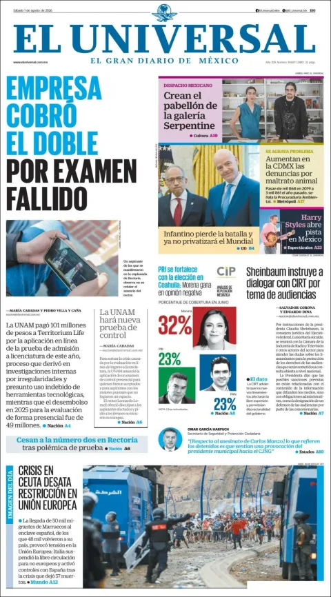 Portada de El Universal del 2026-08-01