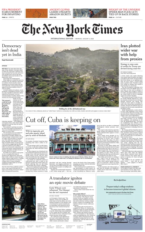 Portada de The New York Times (international) del 2026-08-03