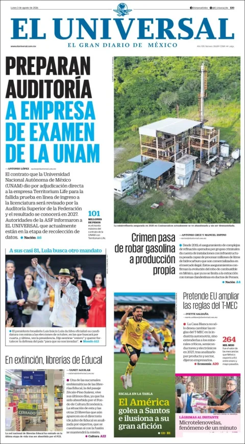 Portada de El Universal del 2026-08-03