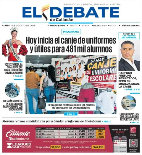 Portada de El Debate de Culiacan del 2026-08-03