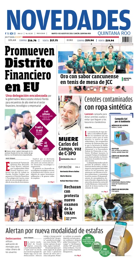 Portada de Novedades Quintana Roo del 2026-08-04