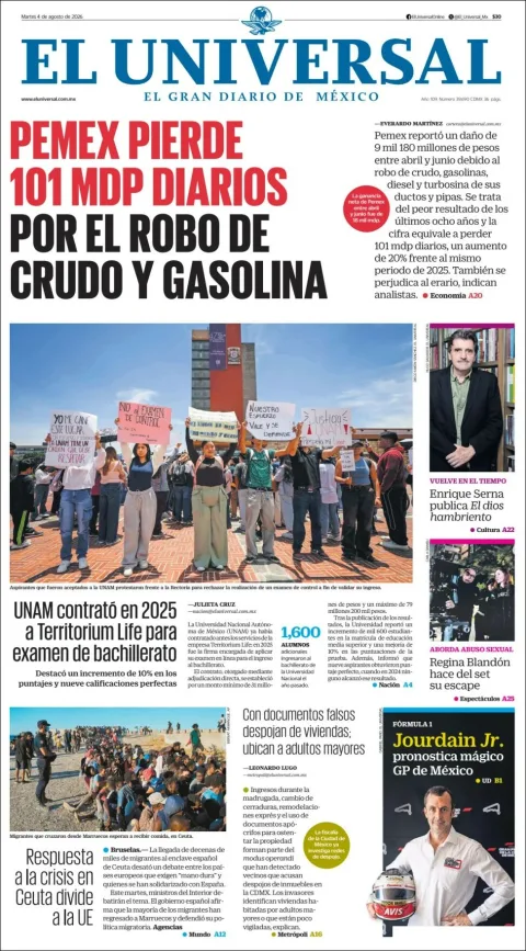 Portada de El Universal del 2026-08-04