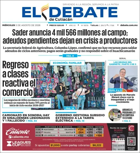 Portada de El Debate de Culiacan del 2026-08-05