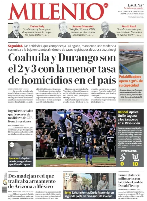 Portada de Milenio Laguna del 2026-08-05