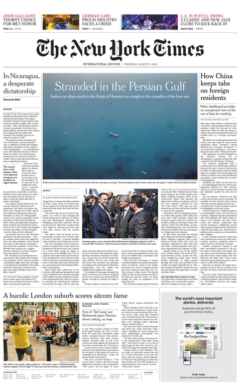 Portada de The New York Times (international) del 2026-08-06