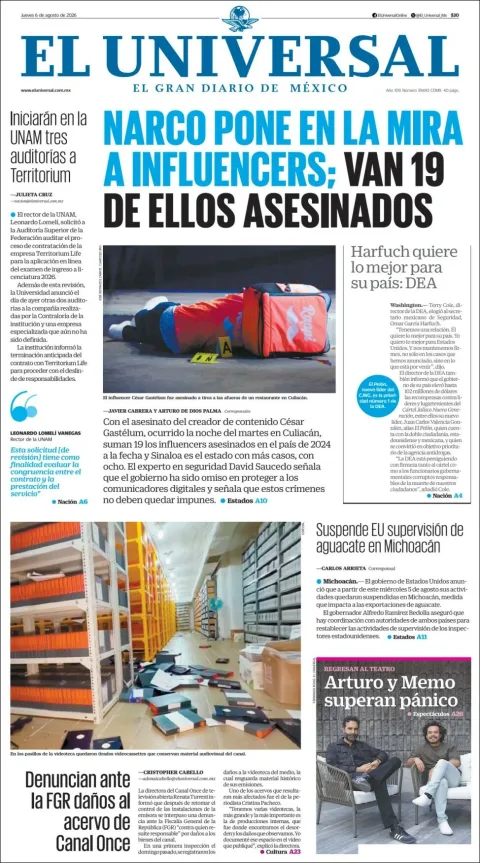 Portada de El Universal del 2026-08-06