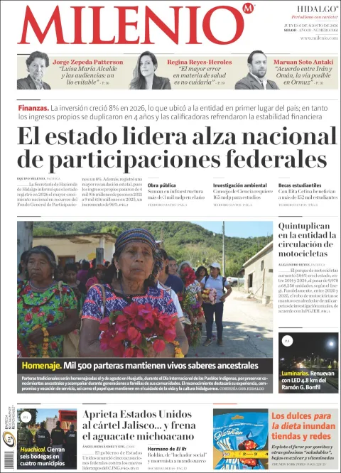 Portada de Milenio Hidalgo del 2026-08-06
