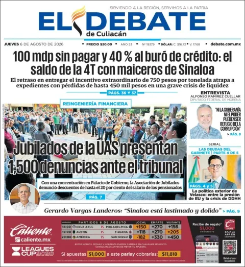 Portada de El Debate de Culiacan del 2026-08-06