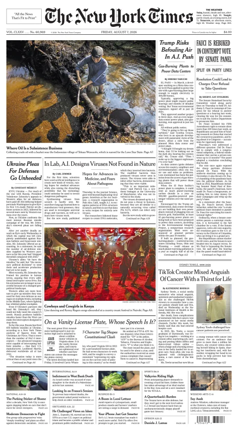 Portada de The New York Times (new York) del 2026-08-07