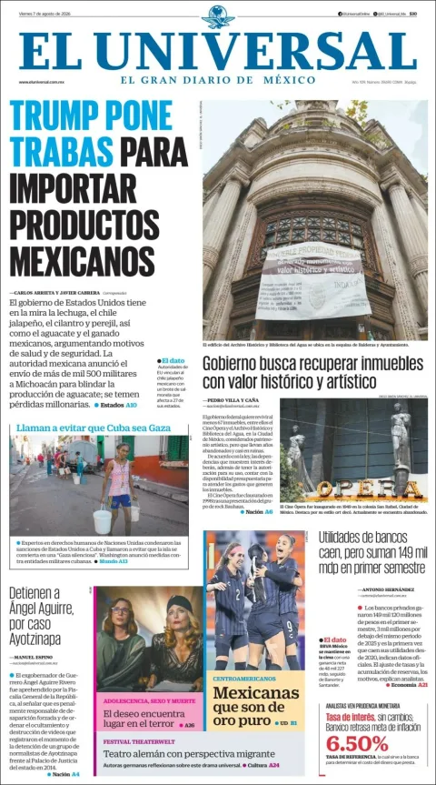 Portada de El Universal del 2026-08-07