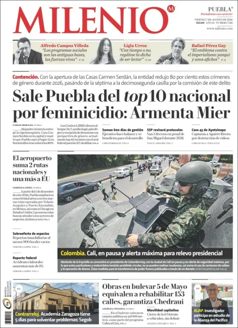 Portada de Milenio Puebla del 2026-08-07