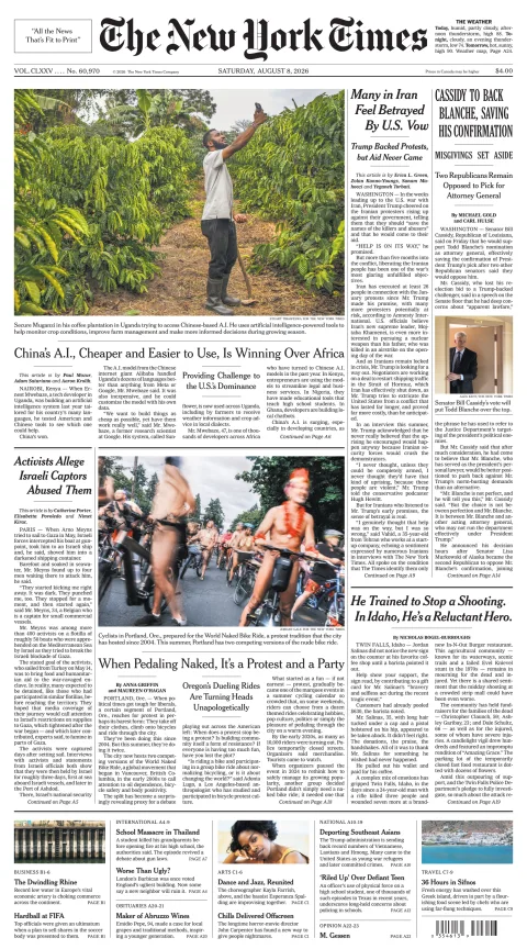 Portada de The New York Times (new York) del 2026-08-08