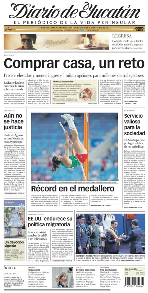 Portada de Diario de Yucatán del 2026-08-08