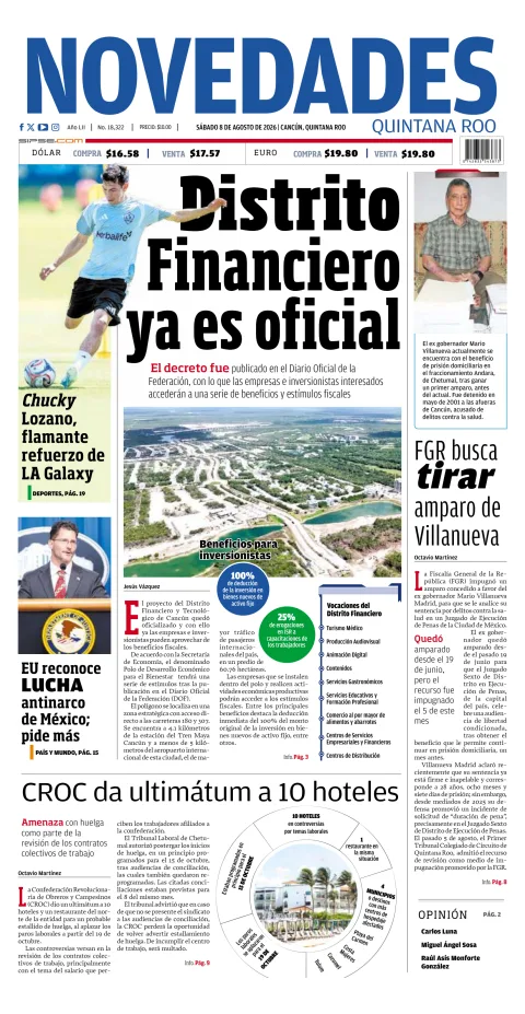 Portada de Novedades Quintana Roo del 2026-08-08