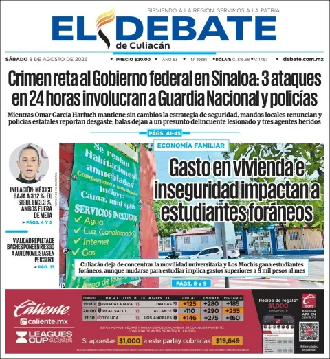 Portada de El Debate de Culiacan del 2026-08-08