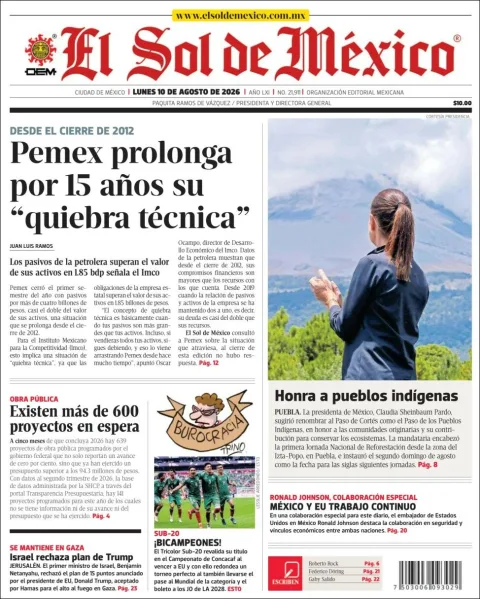 Portada de El Sol de Mexico del 2026-08-10