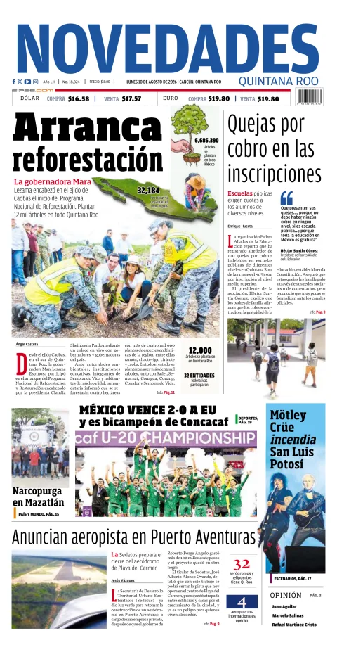 Portada de Novedades Quintana Roo del 2026-08-10