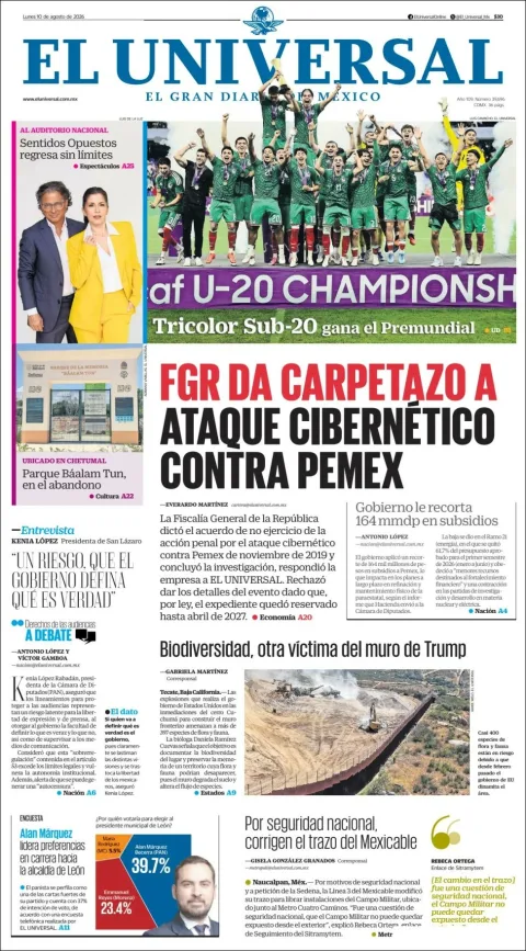 Portada de El Universal del 2026-08-10