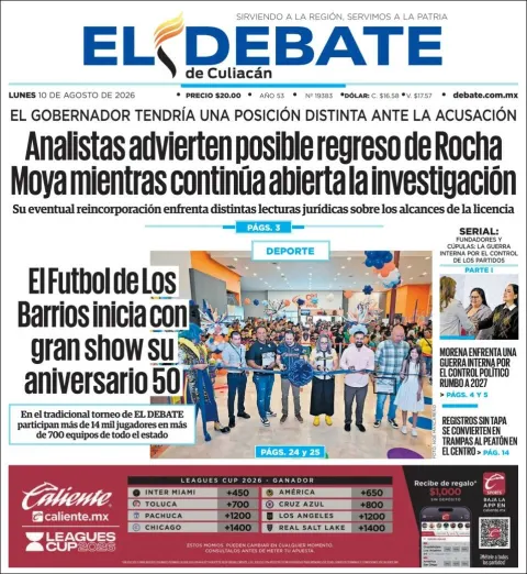 Portada de El Debate de Culiacan del 2026-08-10